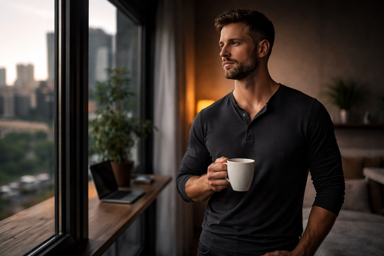 Mann steht mit einer Tasse am Fenster und blickt über die Stadt