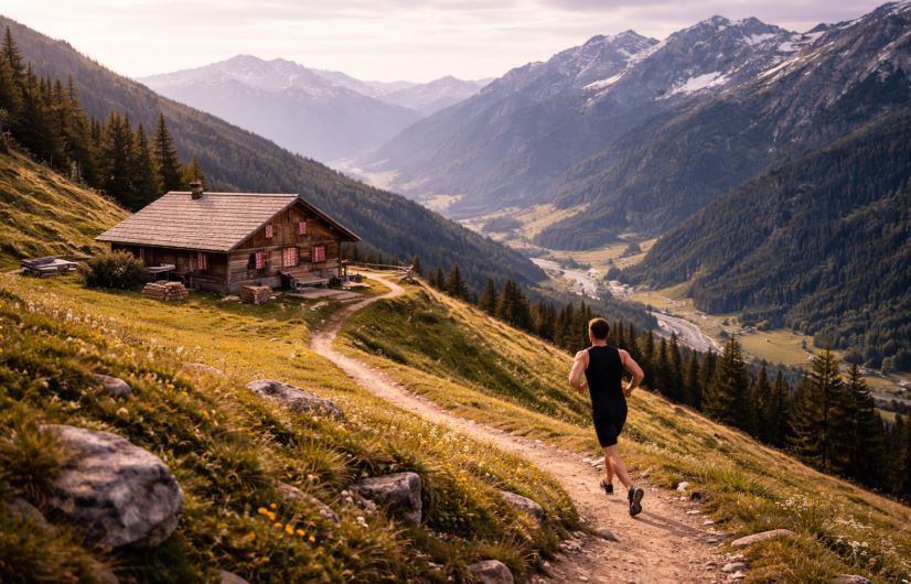 Lauftraining am Berg: Mann läuft aus der Ferne einen geschwungenen Bergpfad hinauf, alpine Landschaft mit Alm, Tal und vielen Bergen im Hintergrund