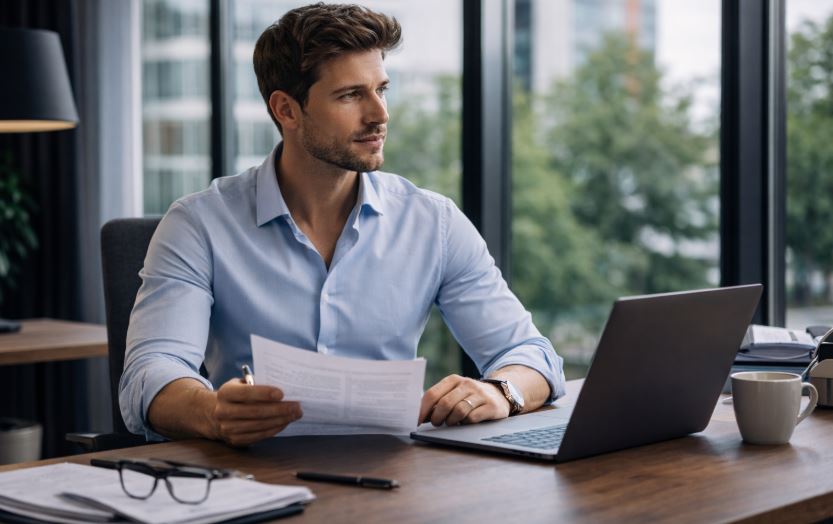 Mann im beruflichen Umfeld am Schreibtisch – symbolische Darstellung für Berufsunfähigkeitsversicherung für Männer und Absicherung der Arbeitskraft