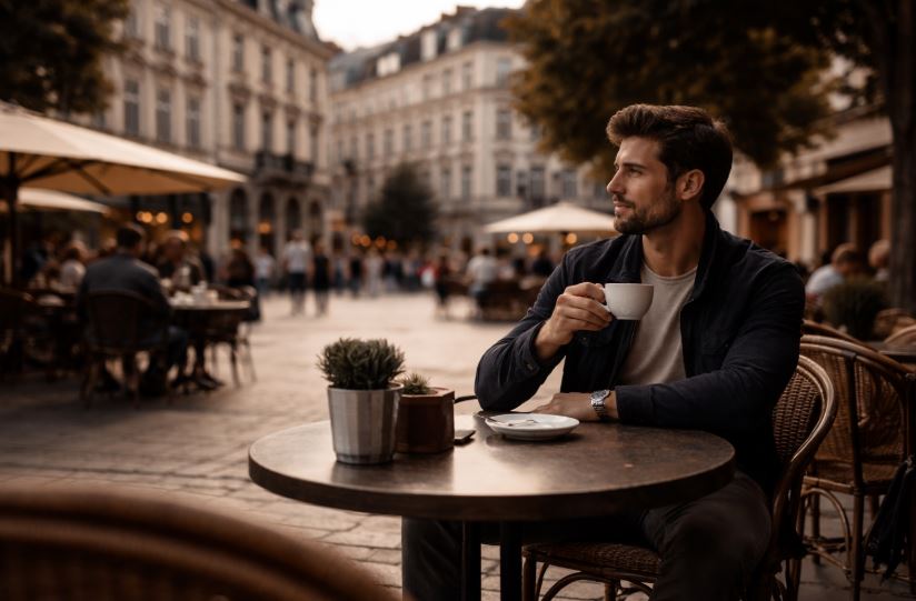 Mann sitzt entspannt in einem Straßencafé und beobachtet das Umfeld – Dating heute in einer ruhigen, urbanen Alltagsszene.