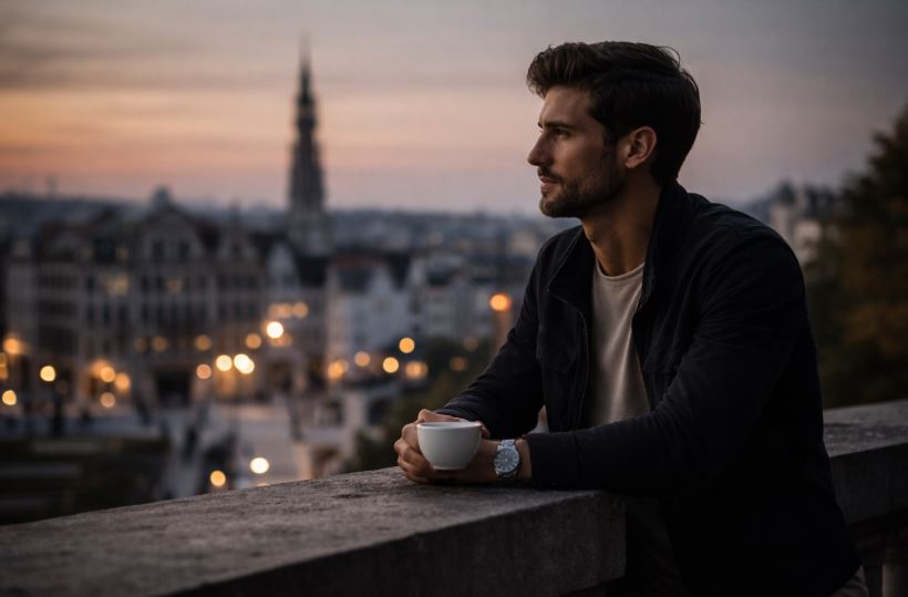 Mann blickt ruhig über eine europäische Stadt in der Abenddämmerung – Dating heute als reflektierte, gelassene Einordnung.