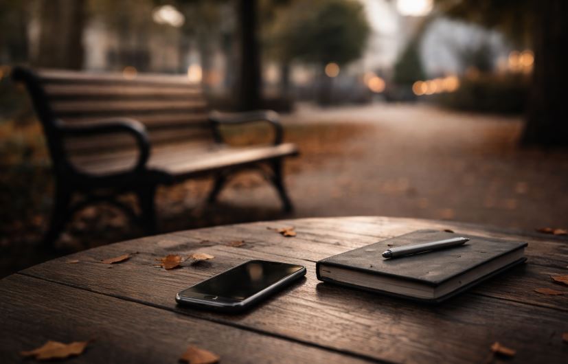 Leerer Holztisch im Park mit Smartphone und Notizbuch, ruhige Herbststimmung – typische Fehlannahmen beim Dating heute.