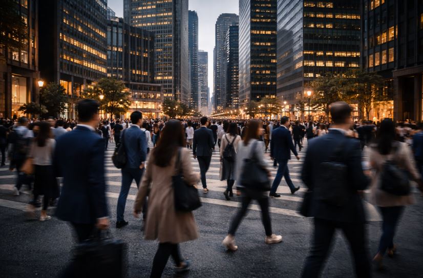 Menschen bewegen sich kreuz und quer durch eine moderne Stadt mit dunklen Bürogebäuden – Dating heute zwischen Orientierung und Unsicherheit.