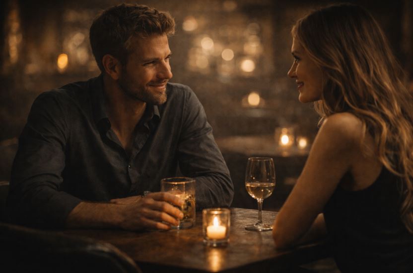 Gespräche führen beim Dating: Mann und Frau sitzen ruhig im Gespräch bei gedämpftem Licht als Symbol für Präsenz, Haltung und echte Begegnung ohne Rolle