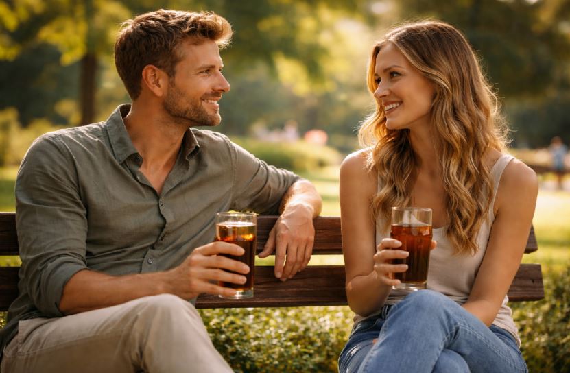 Gespräche führen beim Dating: Mann und Frau sitzen entspannt auf einer Parkbank mit alkoholfreien Getränken als Symbol für Präsenz, Gelassenheit und echte Begegnung ohne Druck