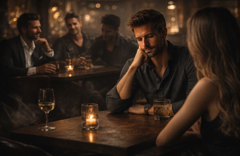 Gespräche führen beim Dating: Mann sitzt ruhig einer Frau gegenüber in zurückhaltender Atmosphäre als Symbol für Präsenz ohne Rolle und authentische Begegnung