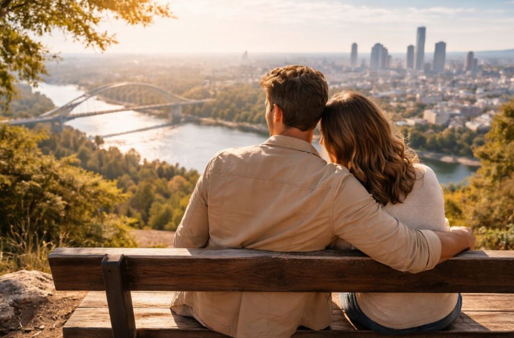 Dating mit 30: Ein Paar sitzt auf einer Bank auf einem Hügel, blickt gemeinsam auf eine sonnige Großstadt mit Fluss und Brücke – Ruhe, Perspektive und Verbundenheit.