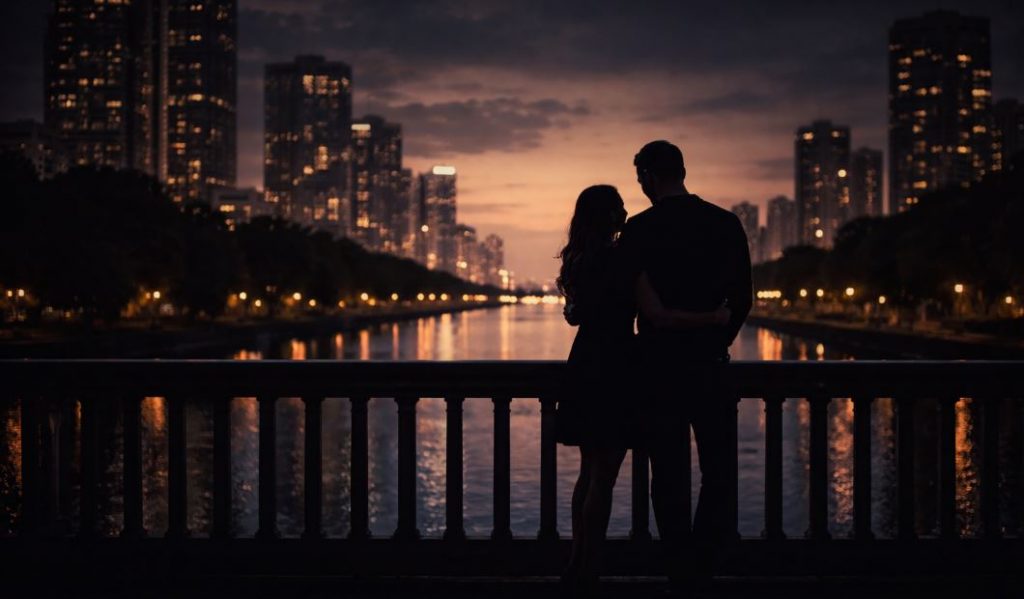 Dating Hub der Männerfaktur mit Silhouetten auf einer Brücke bei Abendstimmung