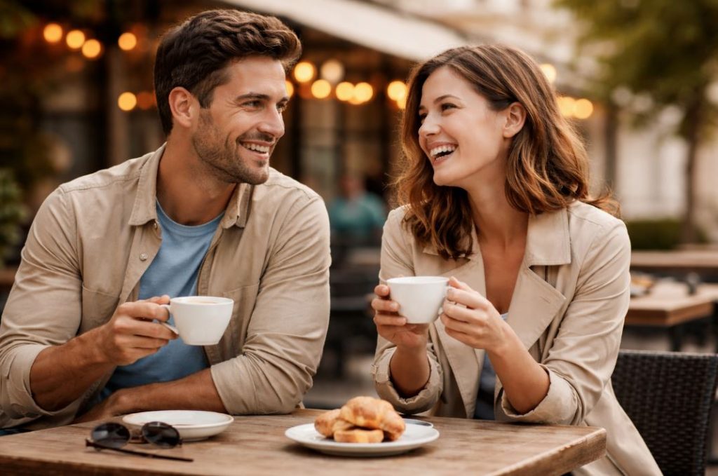 Dating mit 30: Ein Mann und eine Frau sitzen entspannt in einem Café, trinken Kaffee und lachen – eine ruhige, authentische Szene moderner Partnersuche.