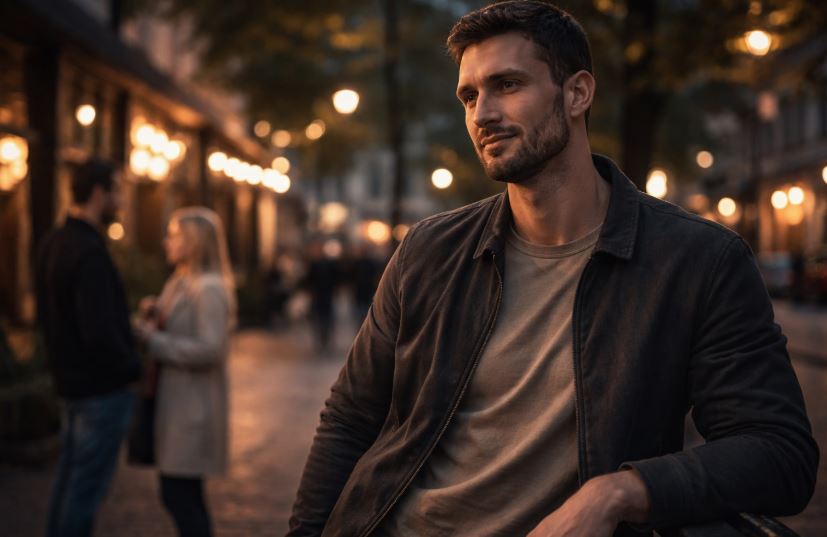 Mann steht ruhig in einer abendlichen Stadt, gelassene Haltung und klarer Blick – Dating sagt nichts über deinen Wert aus