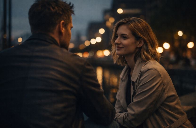 Mann und Frau sitzen draußen in der Stadt im ruhigen Gespräch bei Abendlicht – Dating sagt nichts über deinen Wert aus und zeigt nur Resonanz