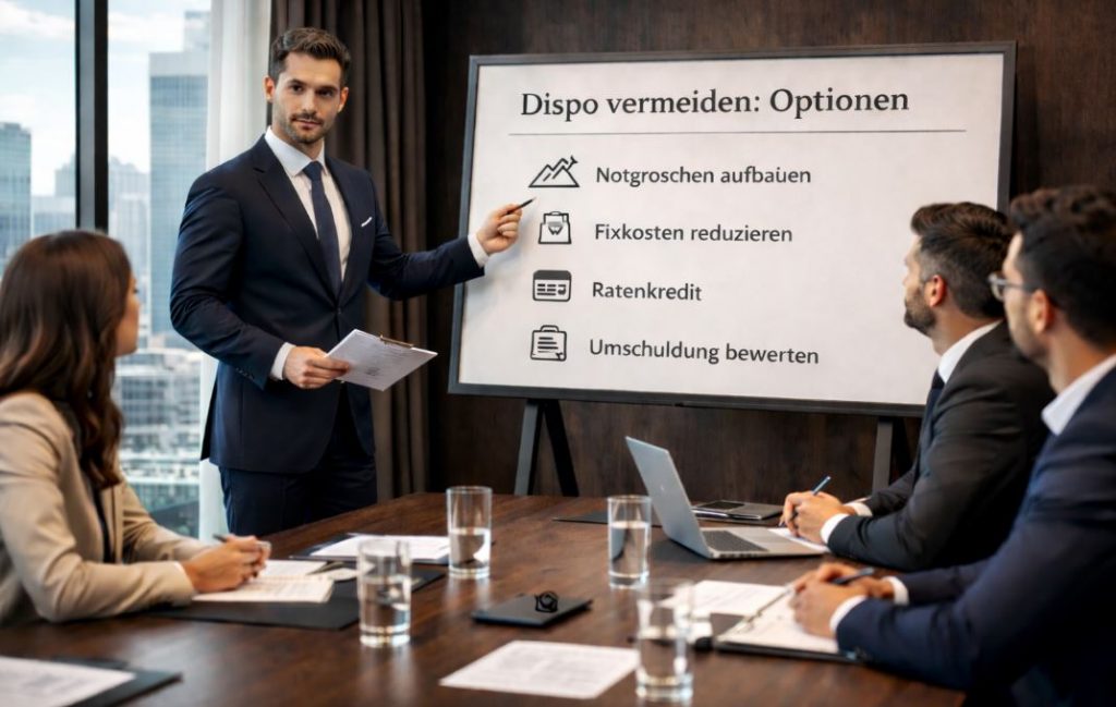 Dispo vermeiden: Mann erklärt in einem Business-Meeting am Whiteboard Optionen wie Fixkosten reduzieren, Notgroschen und Ratenkredit – seriöser Konferenzraum mit Skyline im Hintergrund