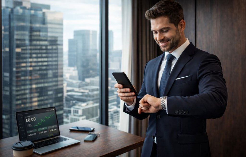 Dispo vermeiden: Mann im Business-Look schaut erleichtert auf sein Smartphone, nachdem er seinen Dispo ausgeglichen hat – moderne Skyline im Hintergrund