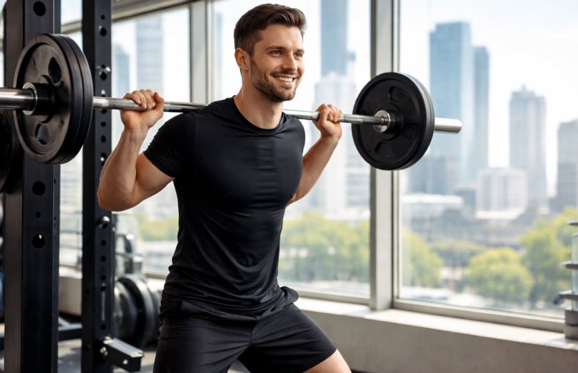 Krafttraining für Männer – Einsteiger trainiert im Fitnessstudio mit Blick auf moderne Großstadt