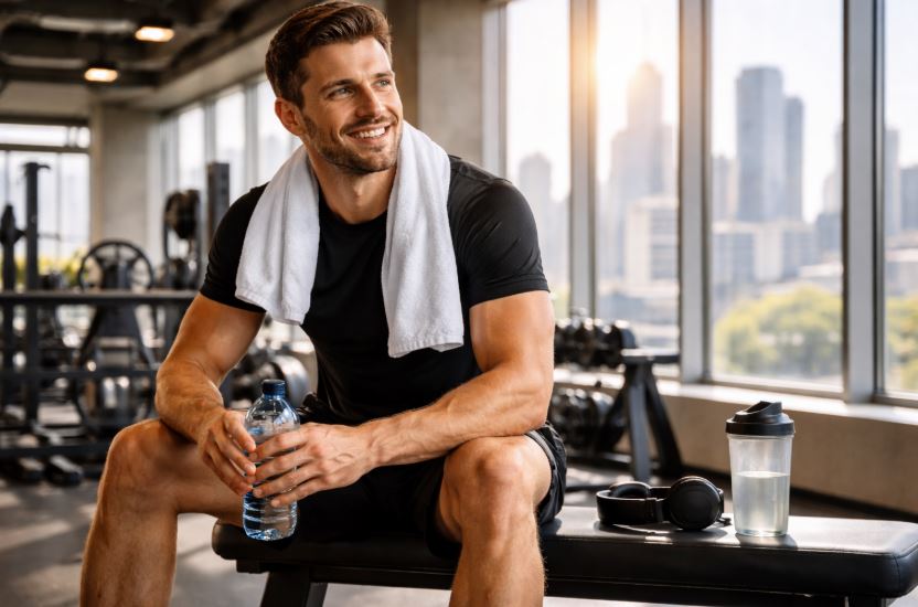Krafttraining für Männer – entspannter Mann im Fitnessstudio nach dem Training mit Blick auf die Stadt