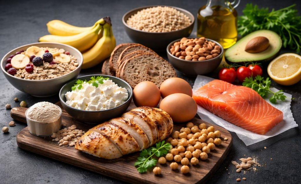 Sportliche Ernährung für Lauftraining: Haferflocken, Vollkornbrot, Banane, Eier, Quark, Fisch, Nüsse, Olivenöl und Avocado auf schwarzem Tisch