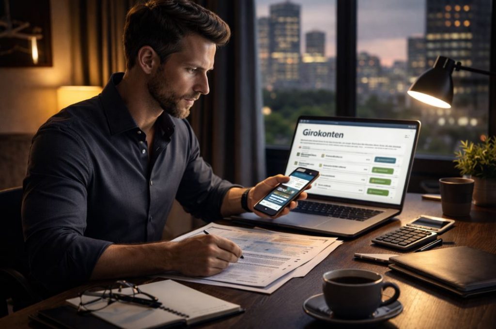 Girokonto wechseln: Mann vergleicht am Laptop und Smartphone verschiedene Girokonten am dunklen Schreibtisch, Stadtblick durch Fenster im Hintergrund