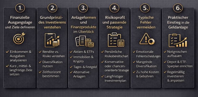 Infografik im Querformat: Geldanlage für Männer in 6 Schritten – Ziele definieren, Grundprinzipien verstehen, Anlageformen vergleichen, Strategie wählen, Fehler vermeiden und praktisch starten
