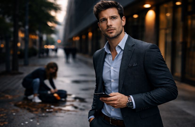 Mann in eleganter Businesskleidung im urbanen Umfeld – symbolische Alltagssituation für private Haftpflichtversicherung für Männer
