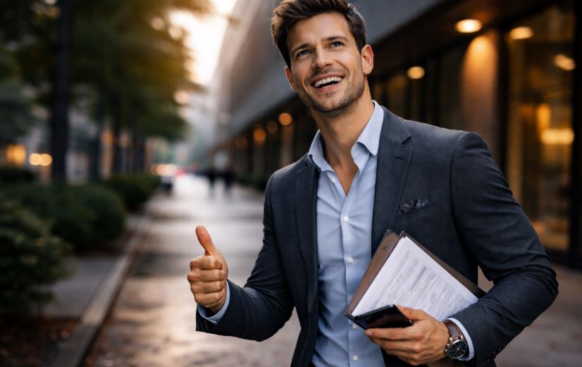 Entspannter Mann im Business-Outfit im urbanen Umfeld – symbolische Darstellung für private Haftpflichtversicherung für Männer und finanzielle Absicherung im Alltag