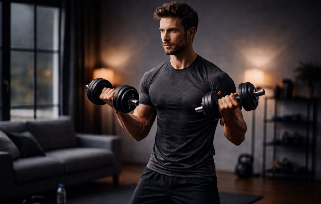 Mann trainiert nach trainingsplan für männer über 25 zuhause mit Kurzhanteln im Wohnzimmer, modernes Fitness-Workout