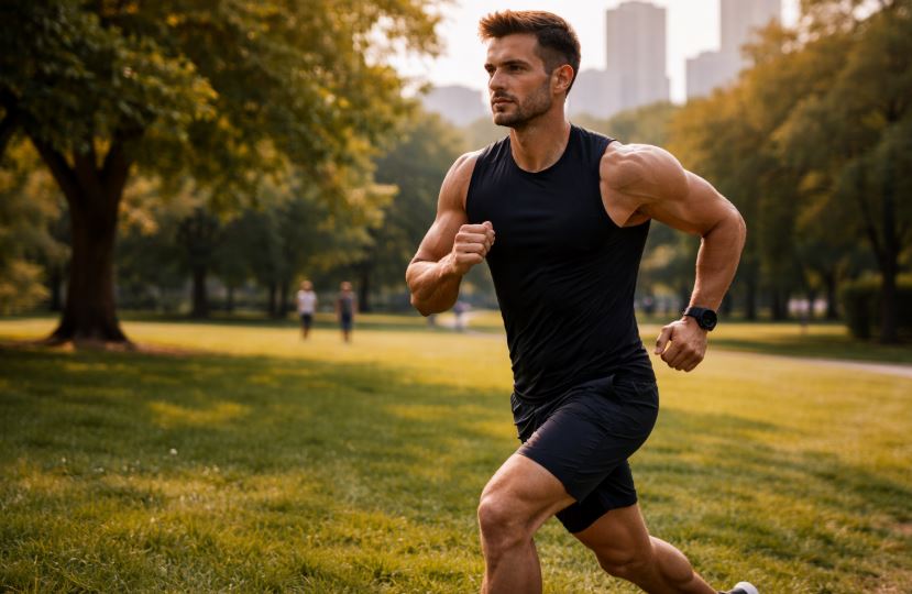 Hybridtraining im Alltag: muskulöser Mann joggt im grünen Park von links nach rechts, Ausdauertraining für Kraftsportler, Großstadt dezent im Hintergrund