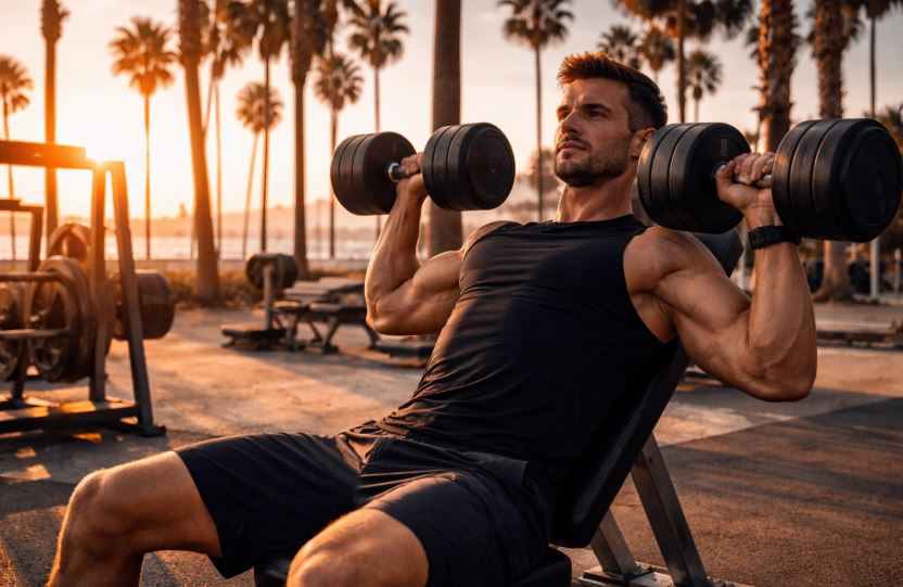 Hybridtraining im Outdoor-Gym: Mann trainiert Kraftübungen am Strand mit Blick auf Palmen und Meer, funktionelles Krafttraining unter freiem Himmel