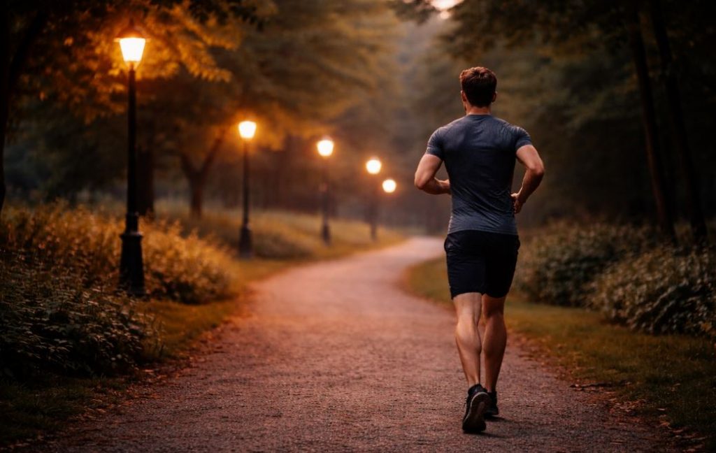 Mann joggt am Abend von hinten im Park, ruhige Laufstrecke im warmen Abendlicht