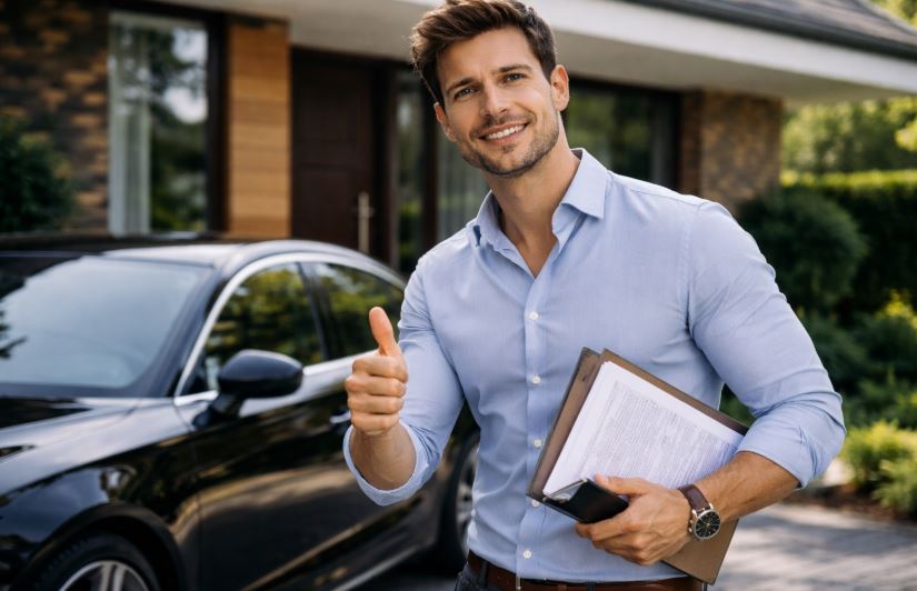 Zufriedener Mann vor seinem Auto und Haus – Kfz-Versicherung für Männer als passende Absicherung im Alltag