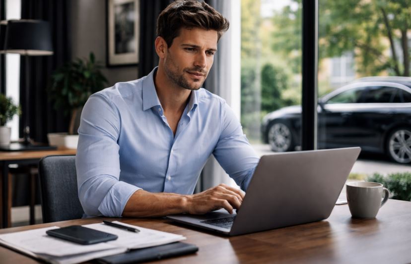 Mann im Homeoffice informiert sich am Laptop über Kfz-Versicherung für Männer, sportlich-elegantes Büro, draußen sonniges Wetter, schwarzes Auto durch das Fenster sichtbar