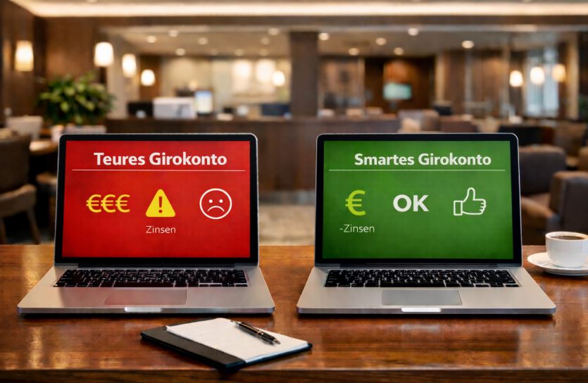 Girokonto Vergleich: Zwei Laptops in einer Bank zeigen ein teures Girokonto mit hohen Gebühren und ein smartes Girokonto mit besseren Konditionen, seriöses Business-Umfeld