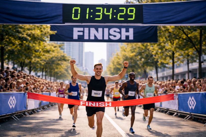 Wettkampfvorbereitung Laufen: Läufer erreichen strahlend die Ziellinie eines Stadtlaufs, digitale Zeitanzeige über dem Zielbogen, konzentrierte Stimmung nach dem Wettkampf