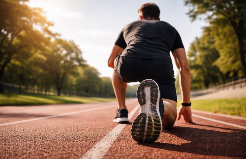 Lauftraining richtig durchführen: Mann kniet von hinten auf der Laufbahn im Stadion, Laufschuhsohle im Fokus an einem sonnigen Tag