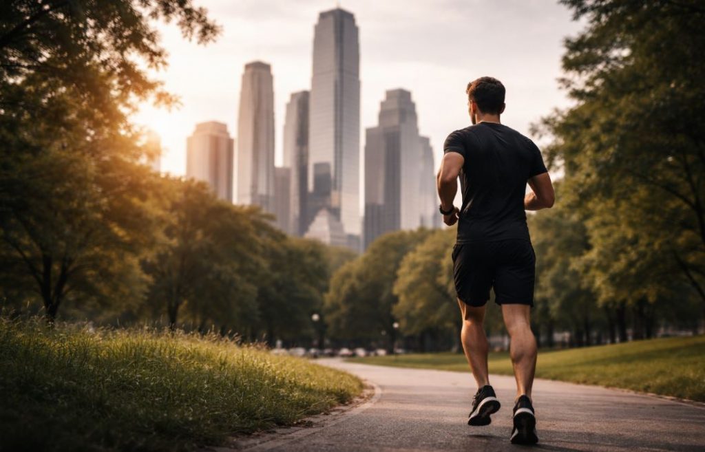 Lauftraining richtig durchführen: Mann joggt von hinten im Park einer Großstadt, dunkle Sportkleidung und Skyline mit Wolkenkratzern im Hintergrund