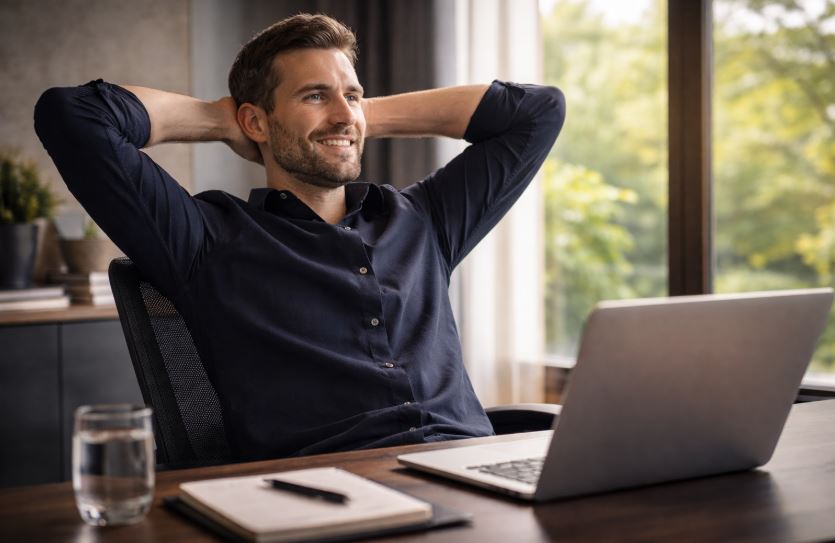 Mann sitzt entspannt im Bürostuhl mit den Händen hinter dem Kopf und blickt zufrieden auf seinen Laptop, nachdem er erfolgreich einen Notgroschen aufgebaut hat, helles Büro mit Fenster und freundlichem Tageslicht