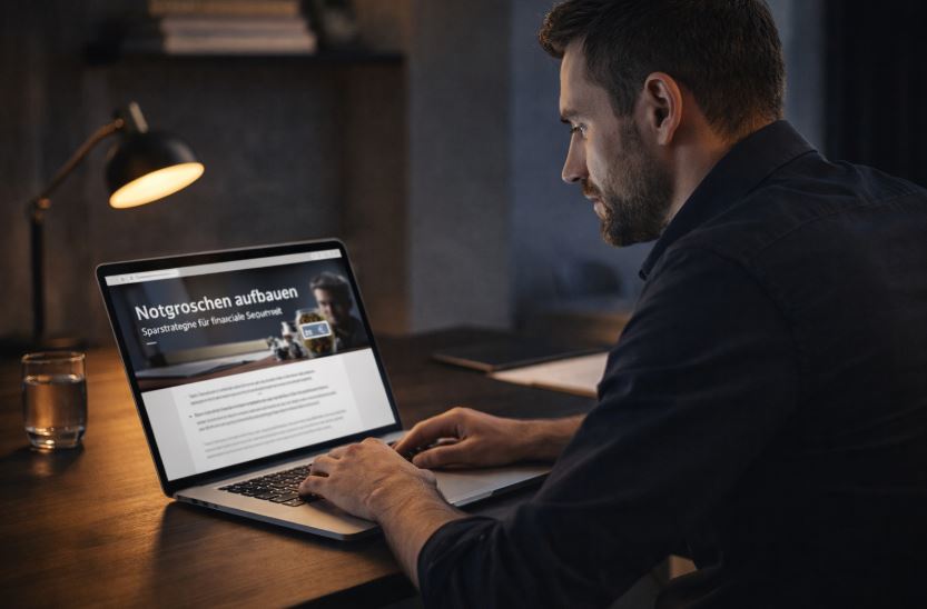 Mann sitzt seitlich am Laptop und recherchiert online zum Thema Notgroschen aufbauen, ruhige und freundliche Atmosphäre im Homeoffice, seriöser Männerfaktur-Stil