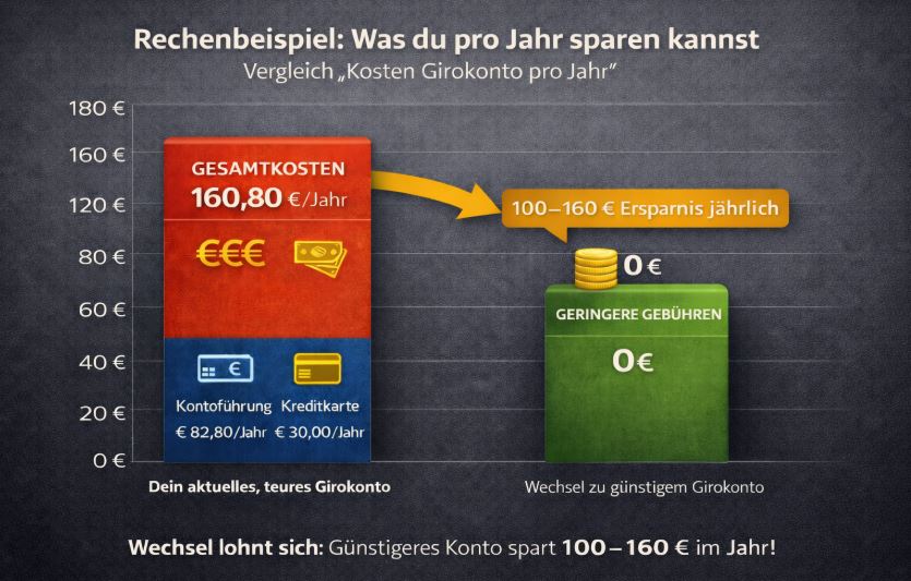 Girokonto Vergleich: Diagramm zeigt jährliche Kosten eines teuren Girokontos von 160,80 Euro und die Ersparnis von 100 bis 160 Euro durch den Wechsel zu einem Konto mit geringeren Gebühren