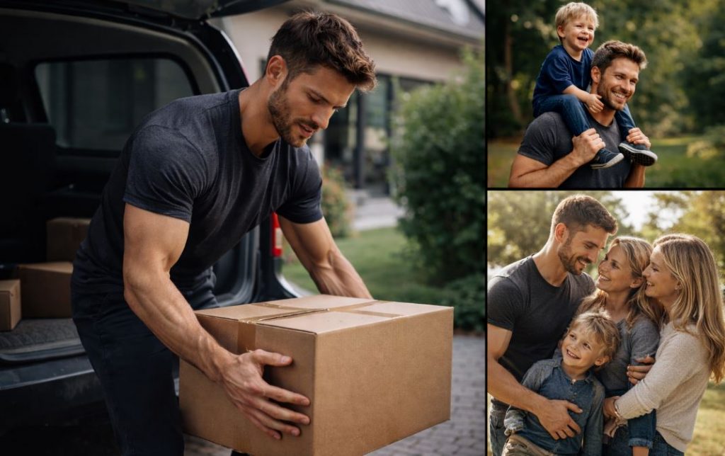 Mann wird durch Training stärker im Alltag, hebt Kisten und verbringt aktiv Zeit mit Familie im Freien