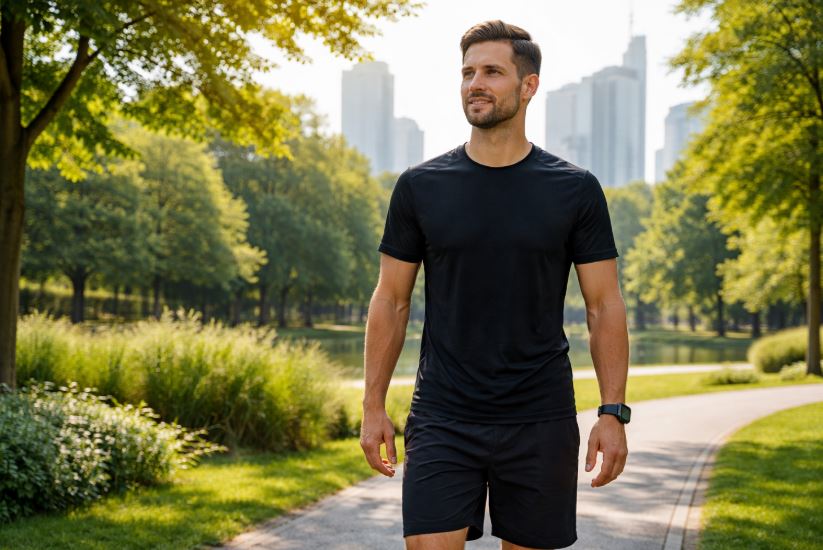 Krafttraining für Männer – aktive Regeneration durch Spaziergang im grünen Park mit Großstadt im Hintergrund