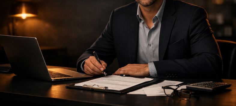 Seriöser Mann sitzt am Schreibtisch und prüft Unterlagen für einen Kredit trotz schlechter SCHUFA