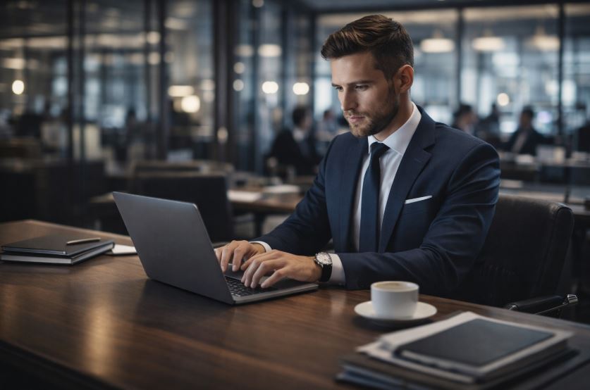 Mann im Business-Look arbeitet am Laptop in modernem Großraumbüro – konzentrierte Finanzplanung und Vermögensaufbau