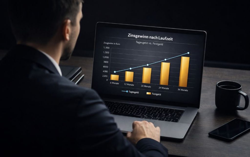 Tages- und Festgeld Vergleich: Mann von hinten am Laptop analysiert Zinsdiagramme auf dunklem Schreibtisch