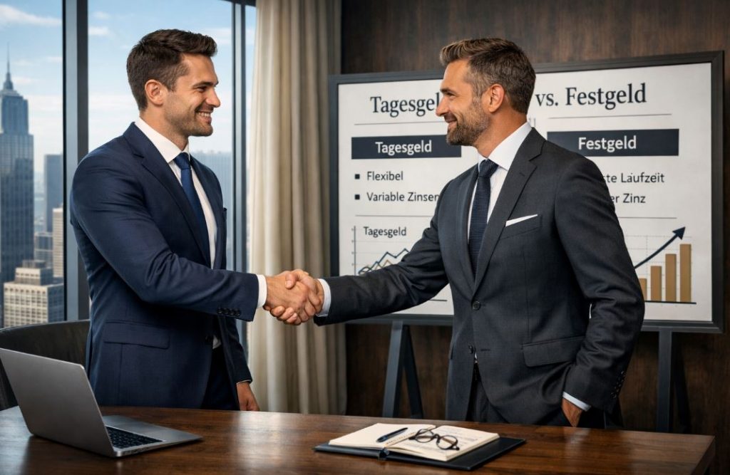 Tages- und Festgeld Vergleich: Zwei Männer im Business-Look geben sich in einer Bank die Hand, im Hintergrund ein Finanz-Board und Skyline durch Glasfront