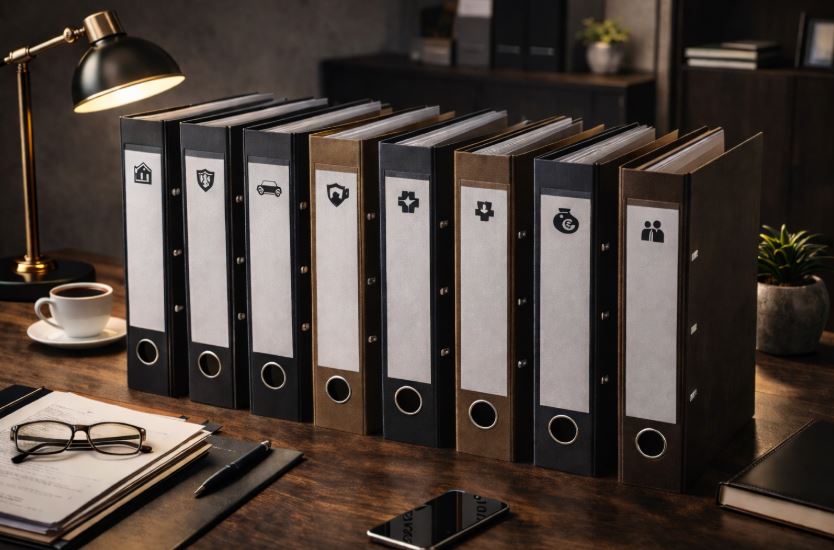 Versicherungen für Männer: strukturierter Schreibtisch im Büro mit mehreren Versicherungsordnern, nur mit Symbolen gekennzeichnet, dunkler eleganter Business-Stil im Männerfaktur-Look