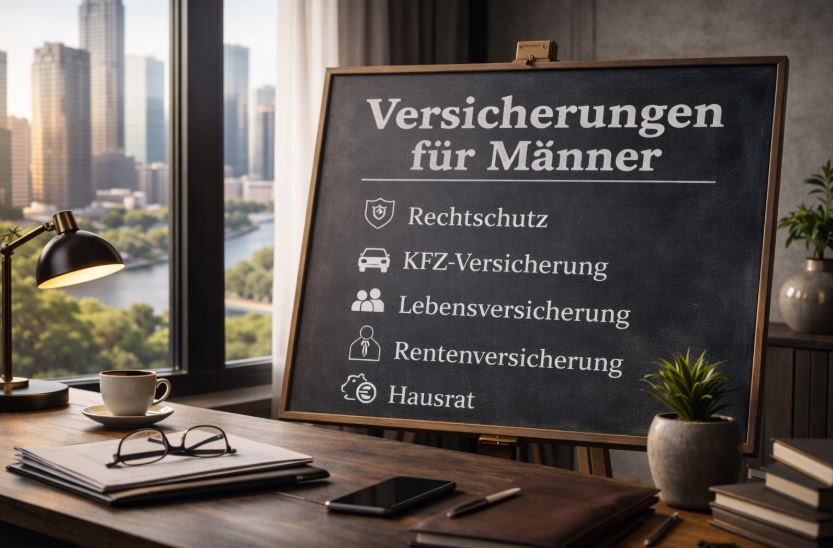 Versicherungen für Männer: Tafel in einem stilvollen Versicherungsbüro zeigt Rechtsschutz, KFZ-Versicherung, Lebensversicherung und Rentenversicherung, modernes Business-Umfeld mit Stadtblick und Fluss im Hintergrund