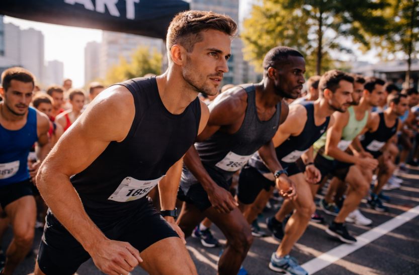 Wettkampfvorbereitung Laufen: Läufer stehen konzentriert an der Startlinie eines Stadtlaufs bei sonnigem Wetter, Spannung und Fokus kurz vor dem Start