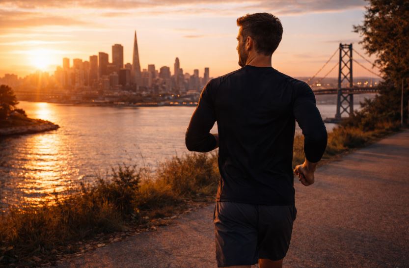 Zone 2 Lauftraining am Abend: Mann joggt entspannt von hinten entlang eines Uferwegs, ruhiger Trainingspuls, Großstadt mit Brücke und Fluss im Hintergrund