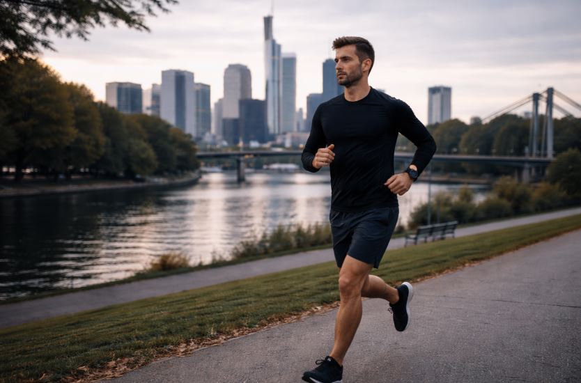 Zone 2 Lauftraining: Mann joggt locker im Park entlang eines Flusses, ruhiger Trainingspuls, Großstadt mit Brücke und Wolkenkratzern im Hintergrund