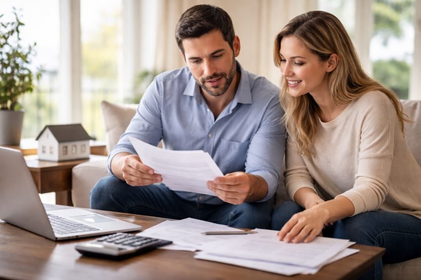 Anschlussfinanzierung – Paar prüft Finanzunterlagen zur langfristigen Immobilienfinanzierung