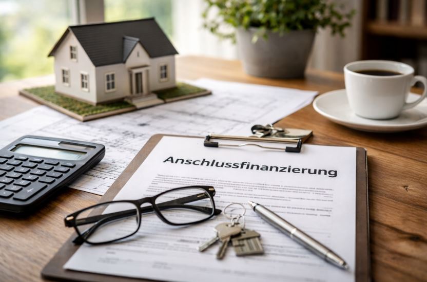 Anschlussfinanzierung – sachliche Planung einer Immobilienfinanzierung mit Unterlagen und Hausmodell